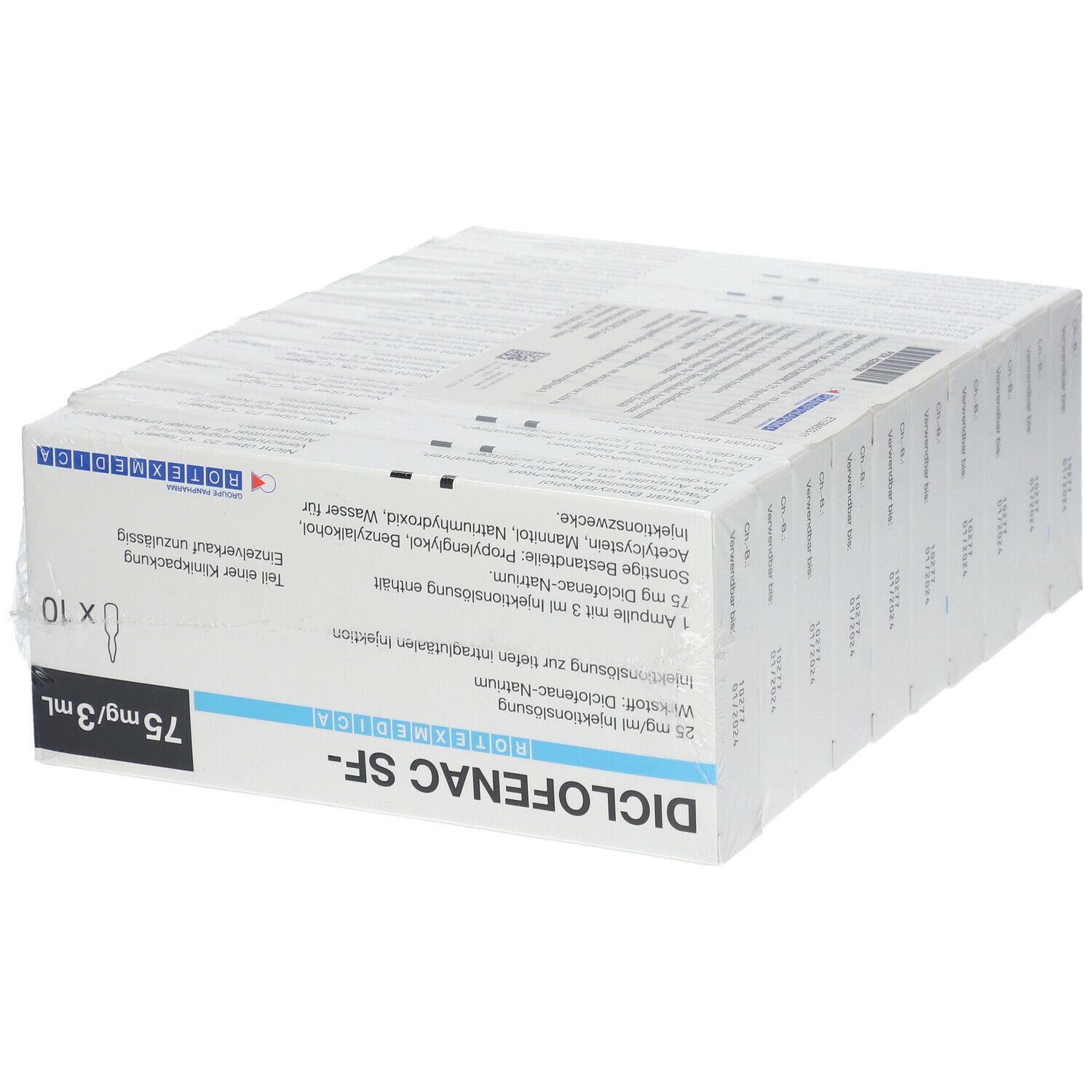 Klinikpackung Diclofenac SF Rotexmedica. 10 Ampullen, 75mg/3ml. Produktname, Dosierung und Inhaltsstoffe.