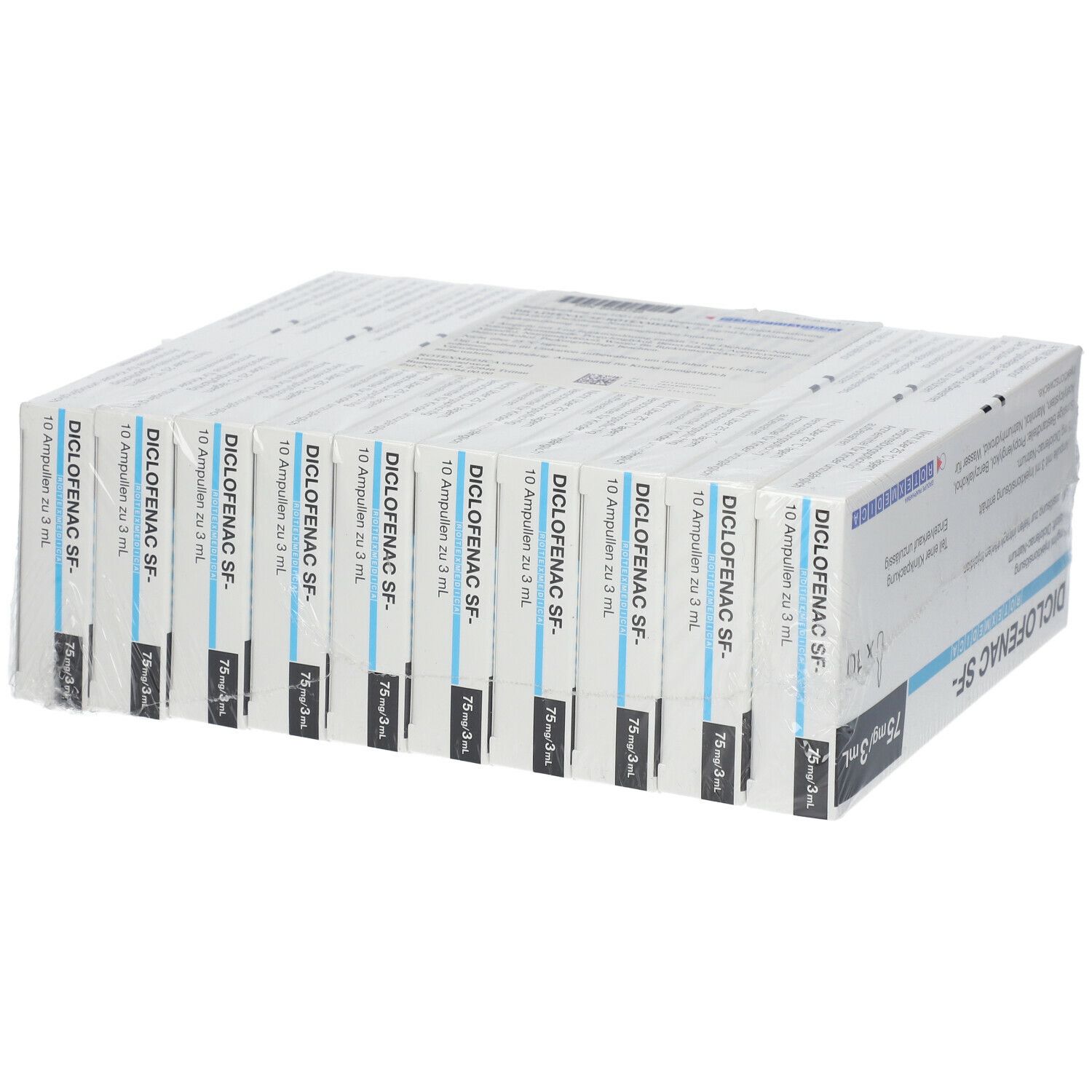 Klinikpackung Diclofenac SF Rotexmedica. 10 Ampullen, 75mg/3ml. Produktname und Dosierung auf jeder Ampulle.