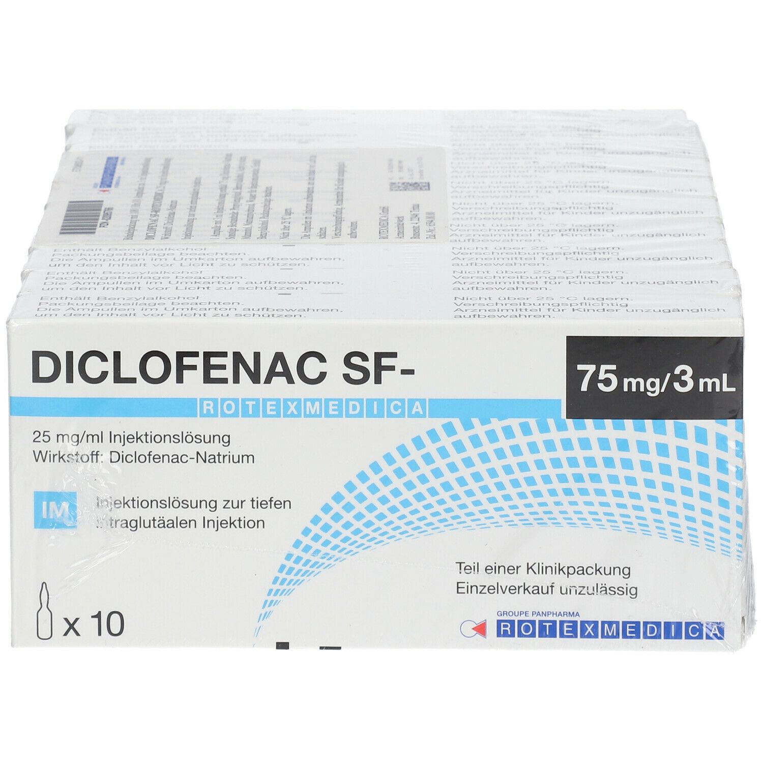 Klinikpackung Diclofenac SF Rotexmedica. 10 Ampullen, 75mg/3ml. Produktname, Dosierung und Hersteller.
