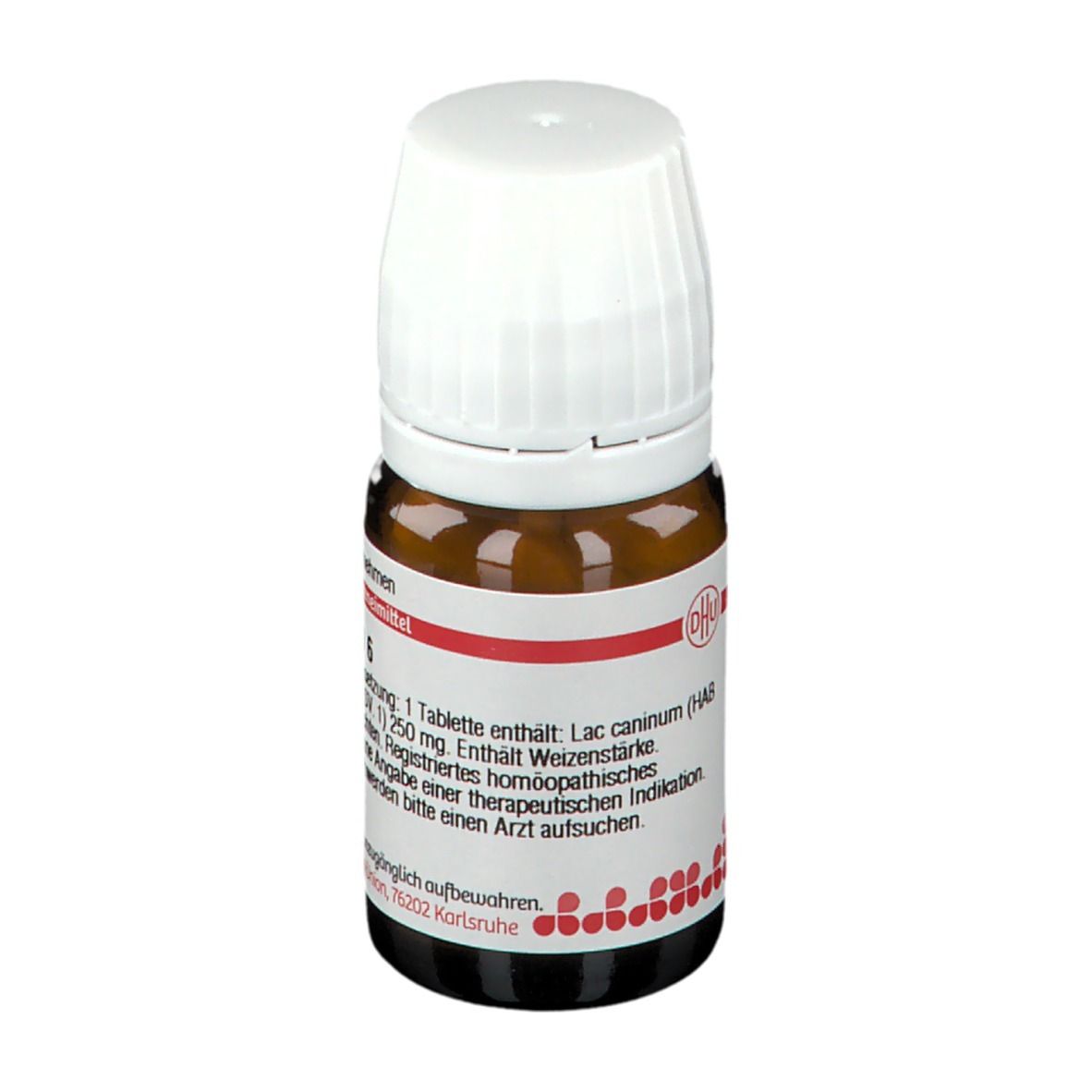 Braune Glasflasche mit weißem Deckel. Etikett mit Text: Lac caninum D6, 80 Tabletten. Deutsche Homöopathie-Union.