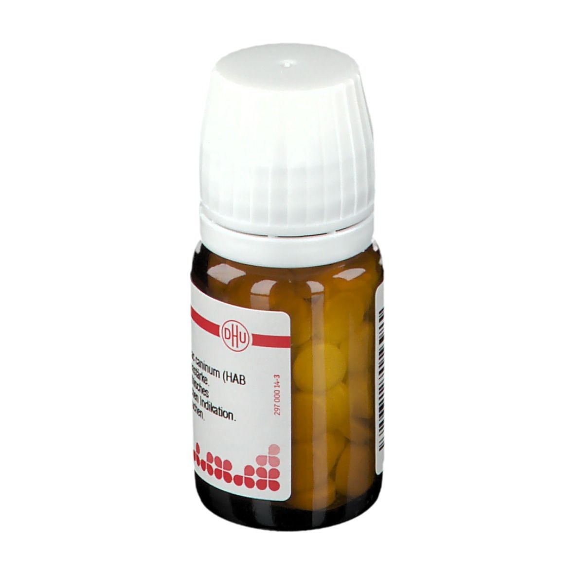 Braune Glasflasche mit weißem Deckel. Etikett mit Text: Lac caninum D6, 80 Tabletten. DHU Logo.