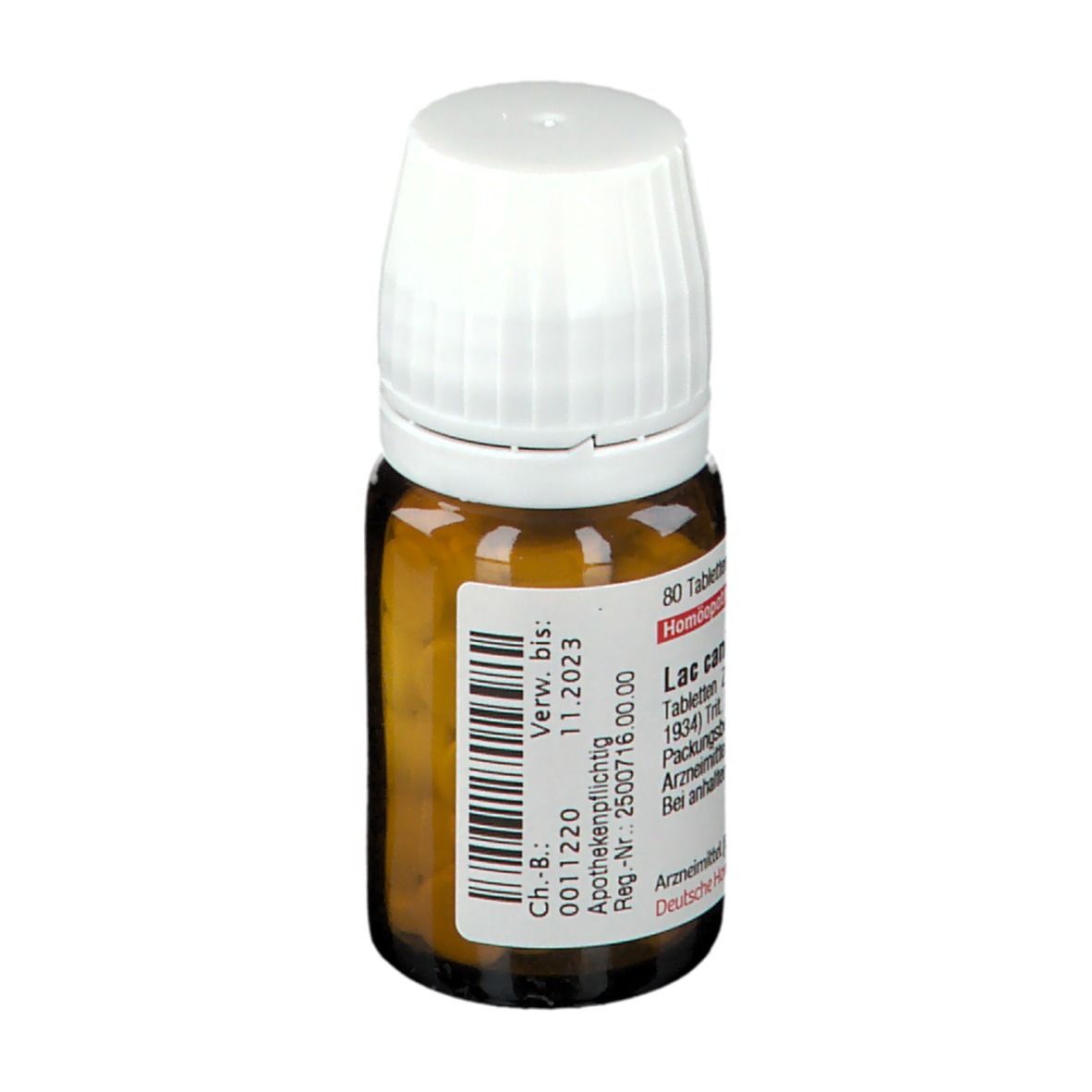 Braune Glasflasche mit weißem Deckel. Etikett mit Text: Lac caninum D6, 80 Tabletten. Verfallsdatum 11.2023.