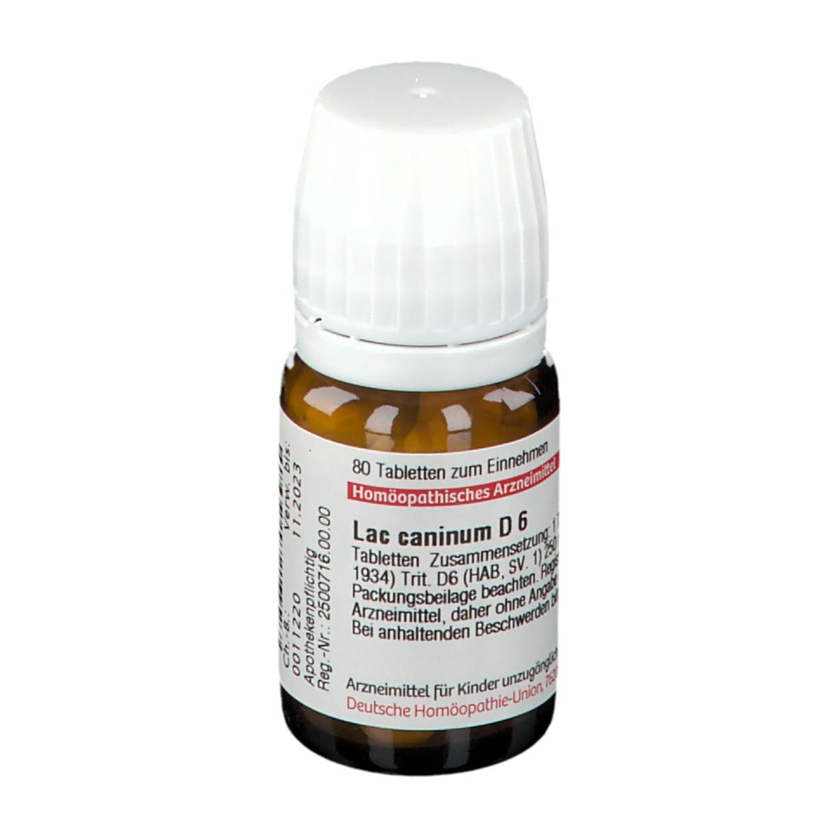 Braune Glasflasche mit weißem Deckel. Etikett mit Text: Lac caninum D6, 80 Tabletten. Deutsche Homöopathie-Union.