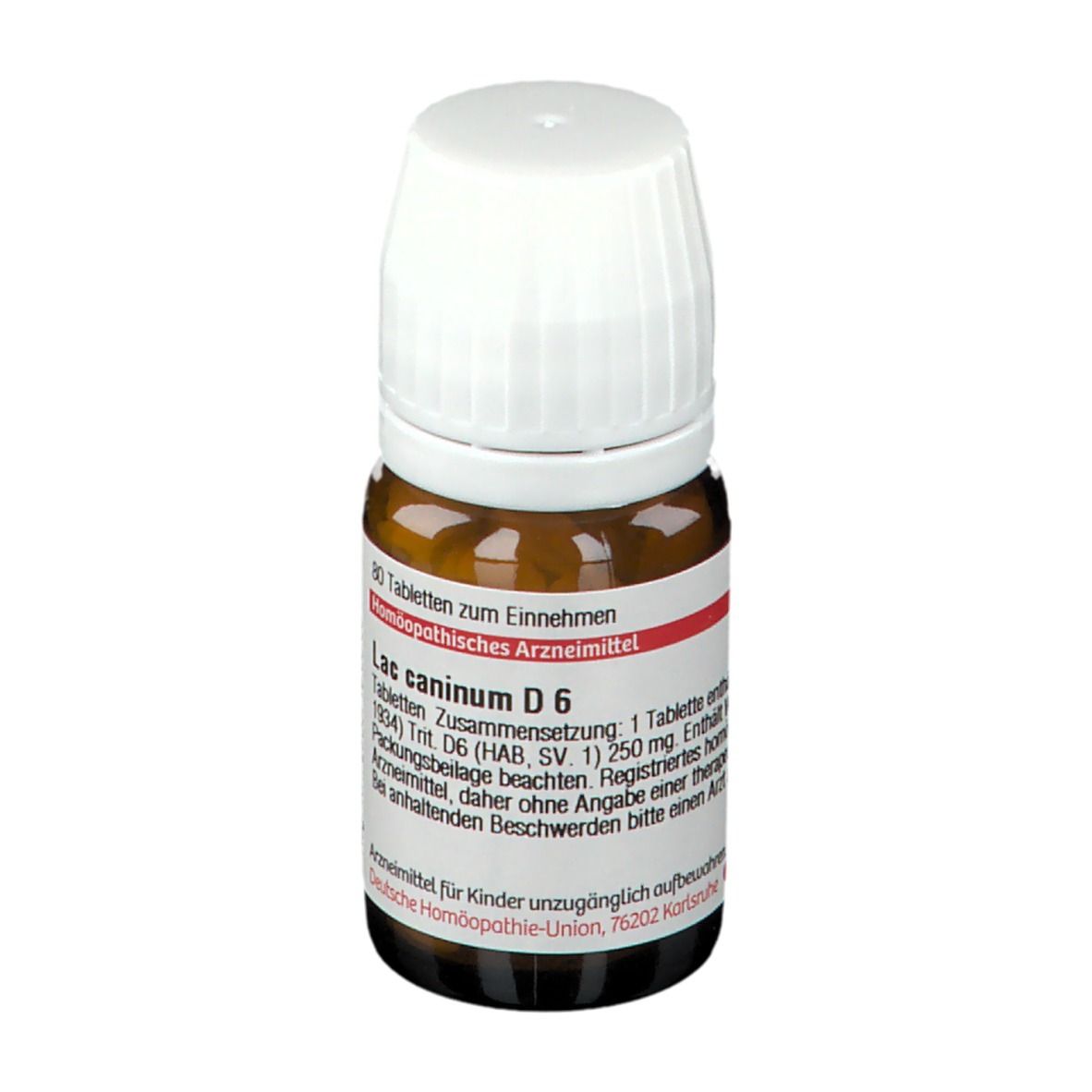 Braune Glasflasche mit weißem Deckel. Etikett mit Text: Lac caninum D6, 80 Tabletten. Deutsche Homöopathie-Union.