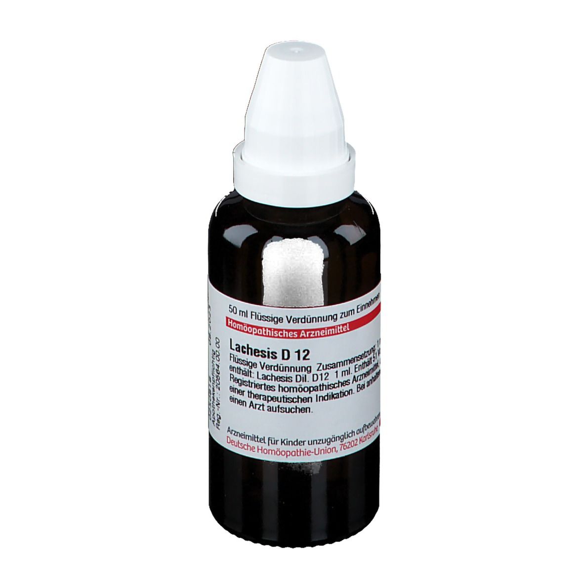 Braune Glasflasche mit weißem Verschluss. Etikett mit Produktinformationen. DHU Lachesis D12.