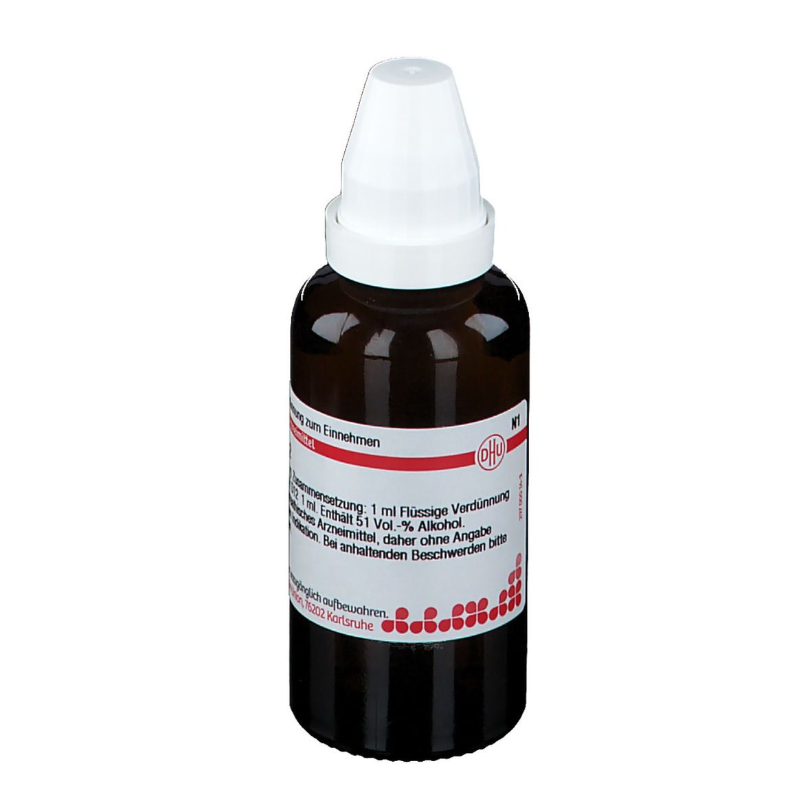 Braune Glasflasche mit weißem Verschluss. Etikett mit Produktinformationen. DHU Logo.