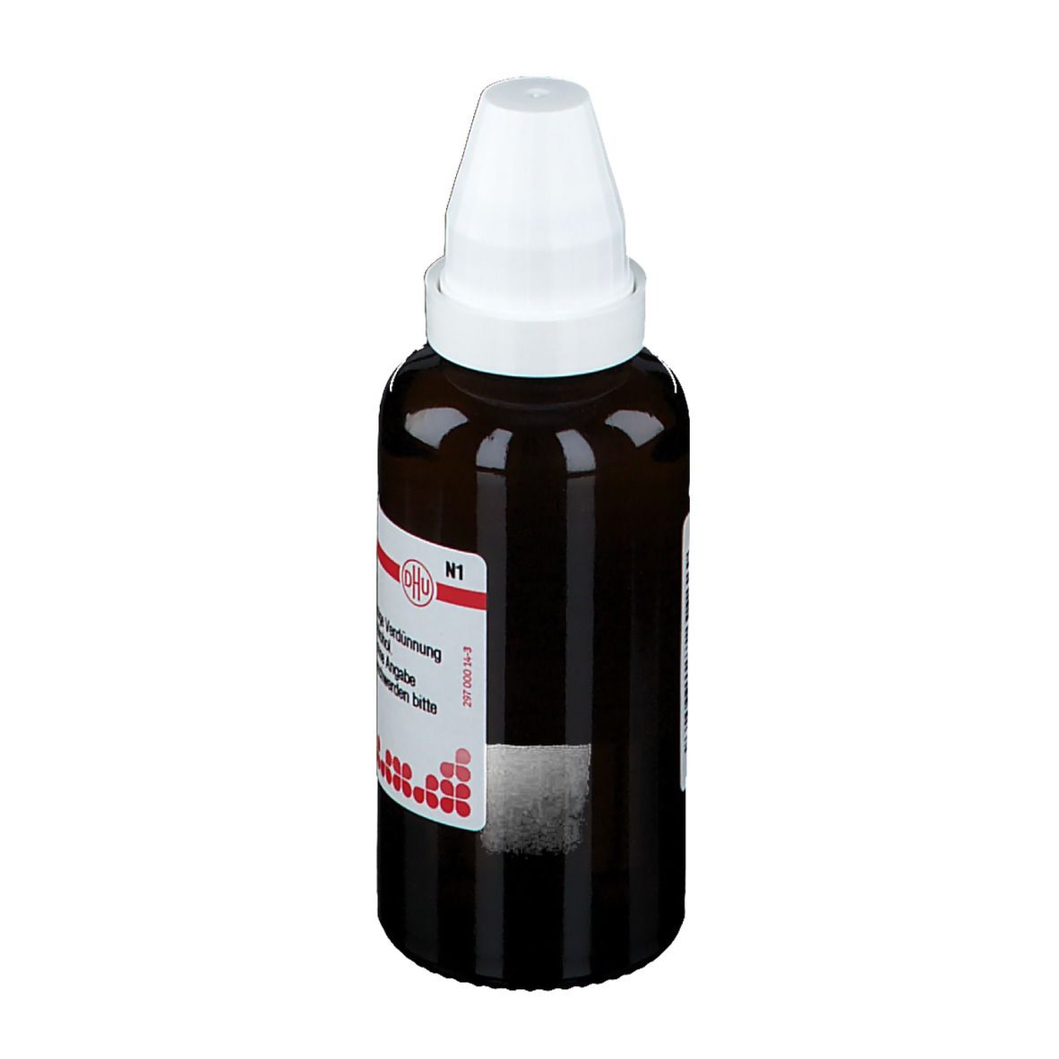 Braune Glasflasche mit weißem Verschluss. Etikett mit Produktinformationen. DHU Logo.