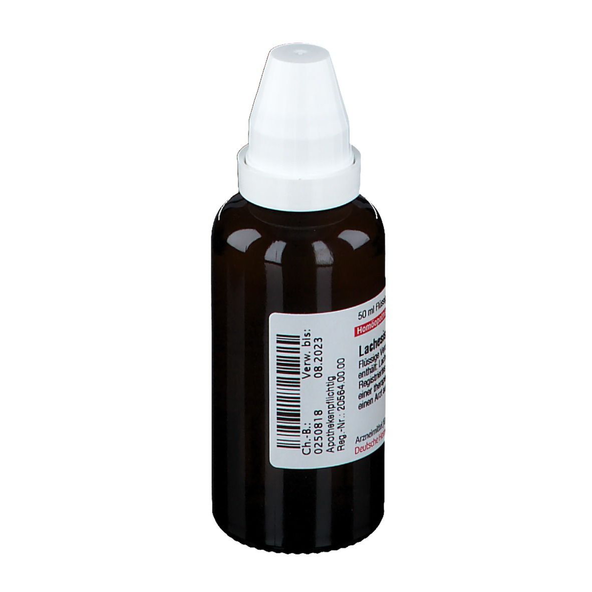 Braune Glasflasche mit weißem Verschluss. Etikett mit Produktinformationen. Verfallsdatum 08.2023.