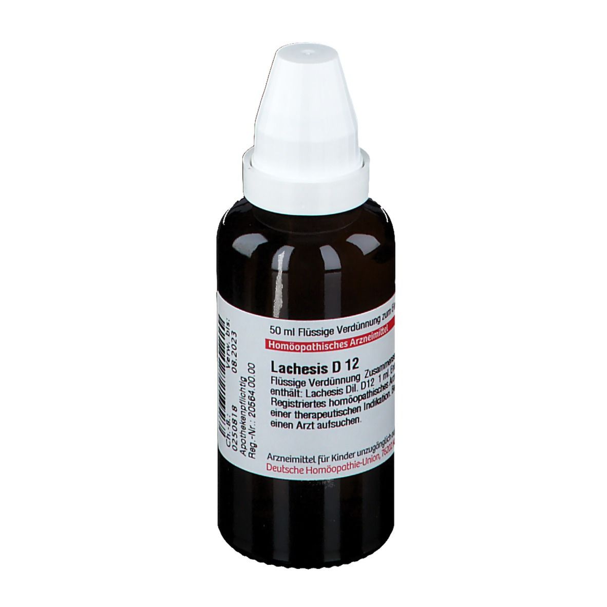Braune Glasflasche mit weißem Verschluss. Etikett mit Produktinformationen. DHU Lachesis D12.