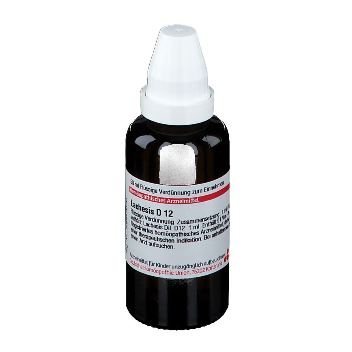 Braune Glasflasche mit weißem Verschluss. Etikett mit Produktinformationen. DHU Lachesis D12.