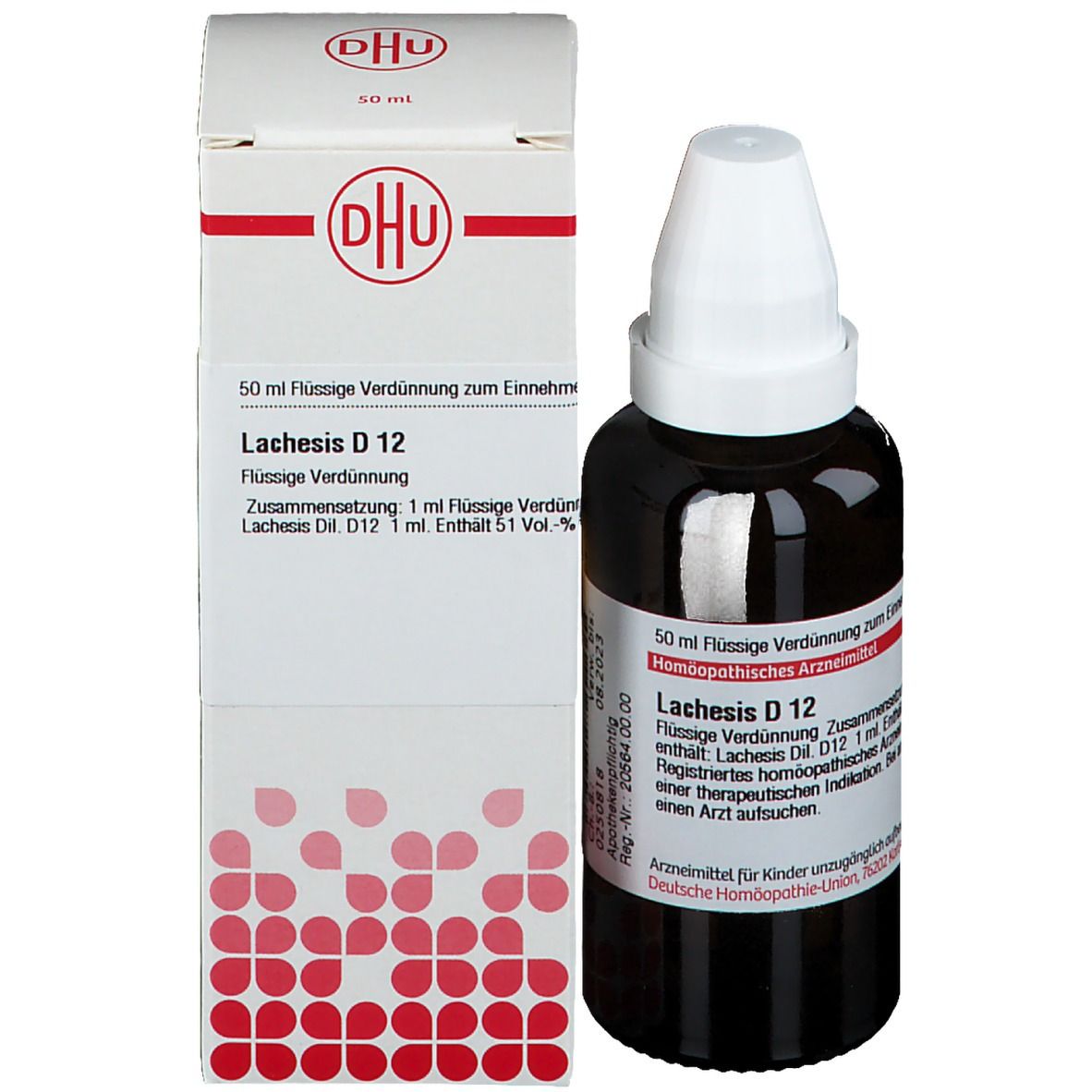 Braune Glasflasche mit weißem Verschluss und Kartonverpackung. DHU Lachesis D12.