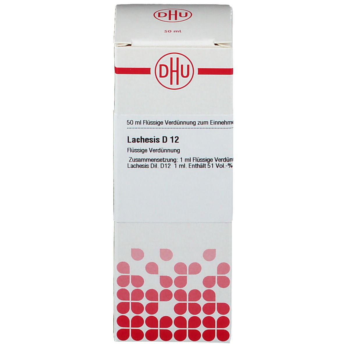 Weiße Kartonverpackung mit rotem Design. DHU Logo und Produktinformationen. Lachesis D12.