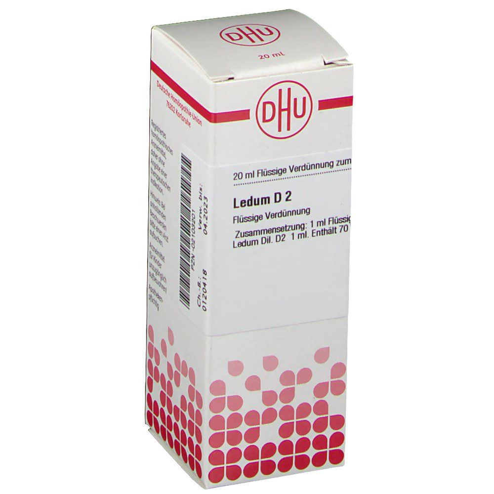 Weiße Schachtel mit rotem DHU-Logo und Text. Enthält Ledum D2, 20 ml flüssige Verdünnung. Aufdrucke mit Inhaltsangaben und Verfallsdatum.