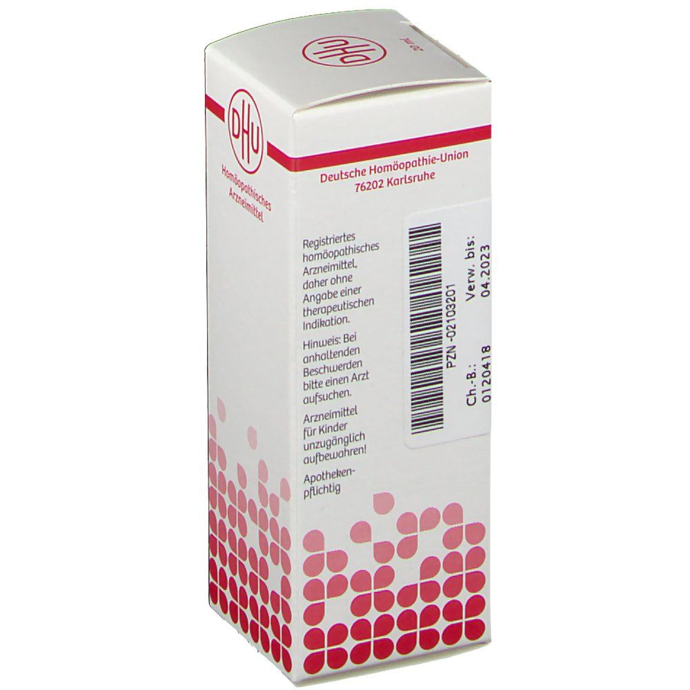 Weiße Schachtel mit rotem DHU-Logo. Rückseite mit Text, PZN- und Ch.-B.-Nummer. Apothekenpflichtig. Verfallsdatum 04.2023.