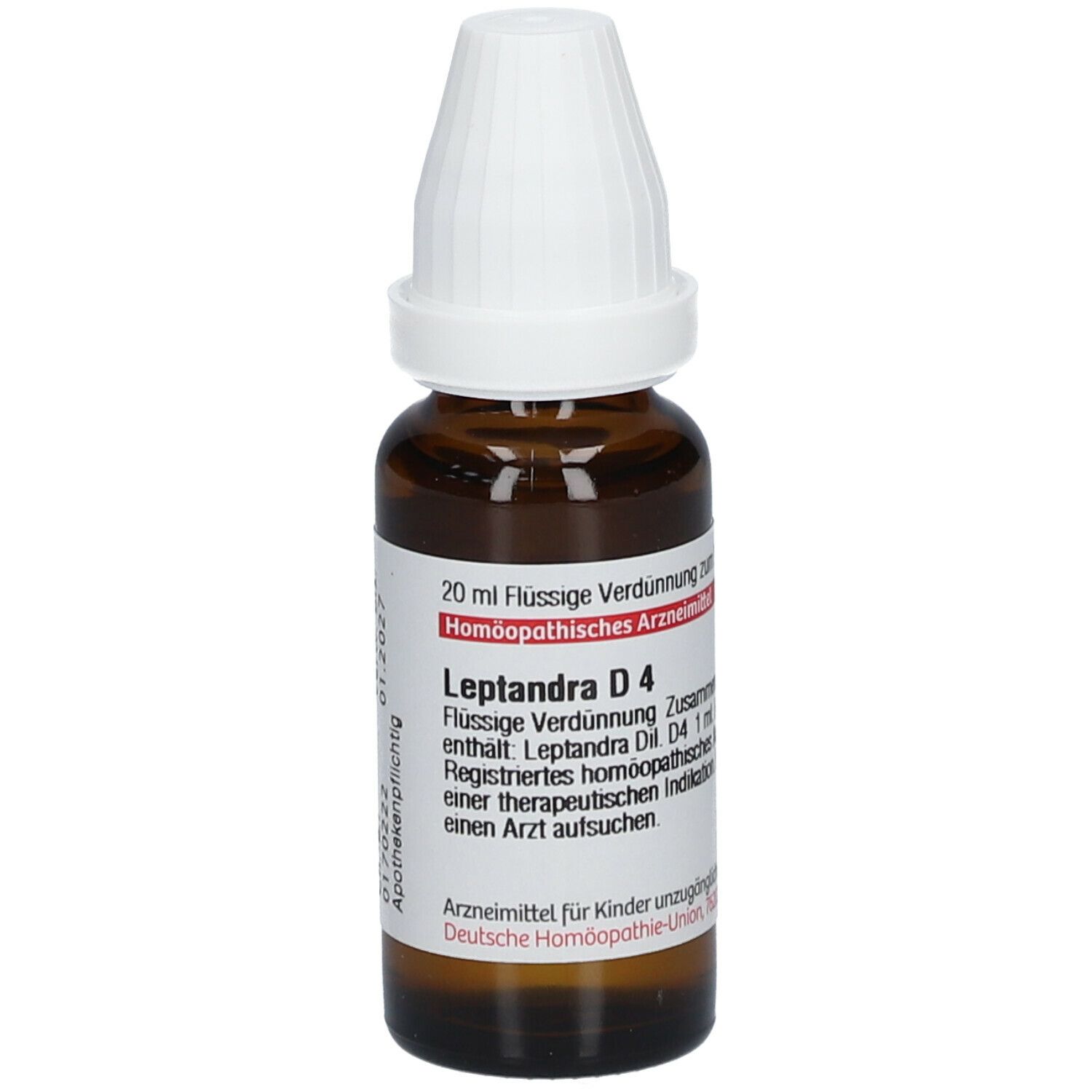 Braune Glasflasche mit weißem Schraubverschluss. Etikett mit Text: Leptandra D4, 20 ml flüssige Verdünnung.