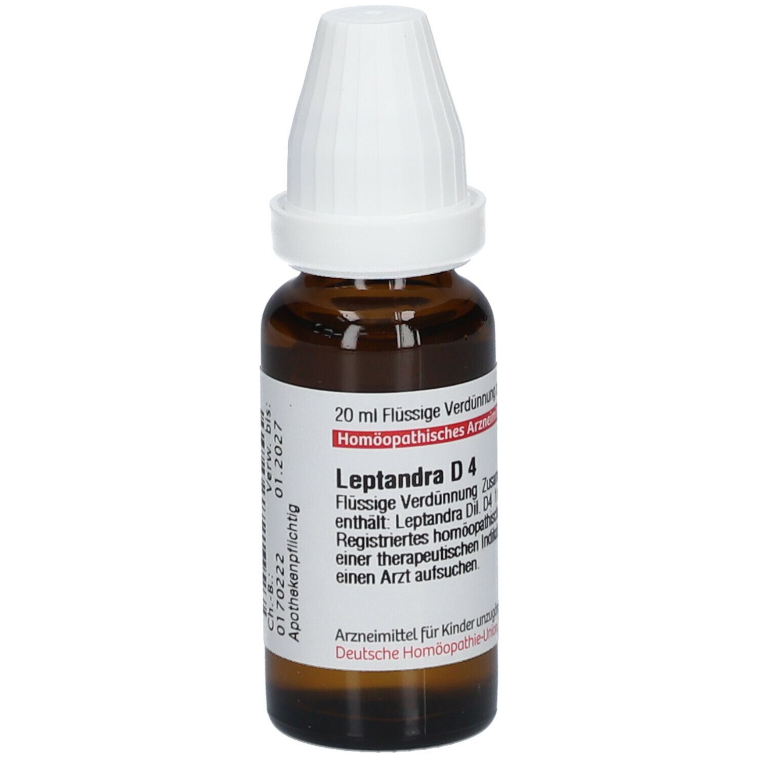 Braune Glasflasche mit weißem Schraubverschluss. Etikett mit Text: Leptandra D4, 20 ml flüssige Verdünnung. Verfallsdatum.