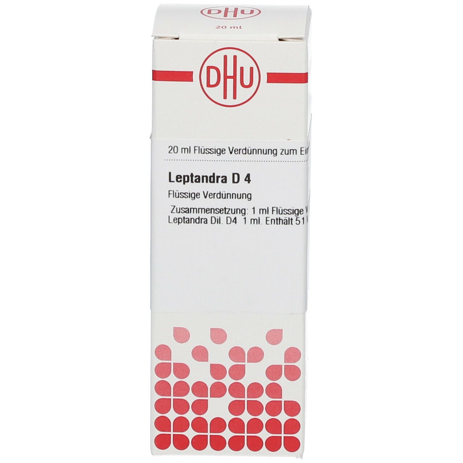 Karton mit Text: DHU, Leptandra D4, 20 ml flüssige Verdünnung. Rote und weiße Farbgebung.