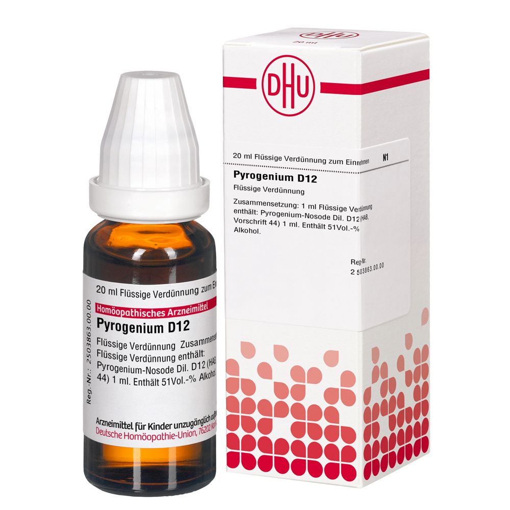 Braune Tropfflasche und Verpackung mit DHU-Logo und Produktbezeichnung Pyrogenium D12. Flasche mit weißem Verschluss.