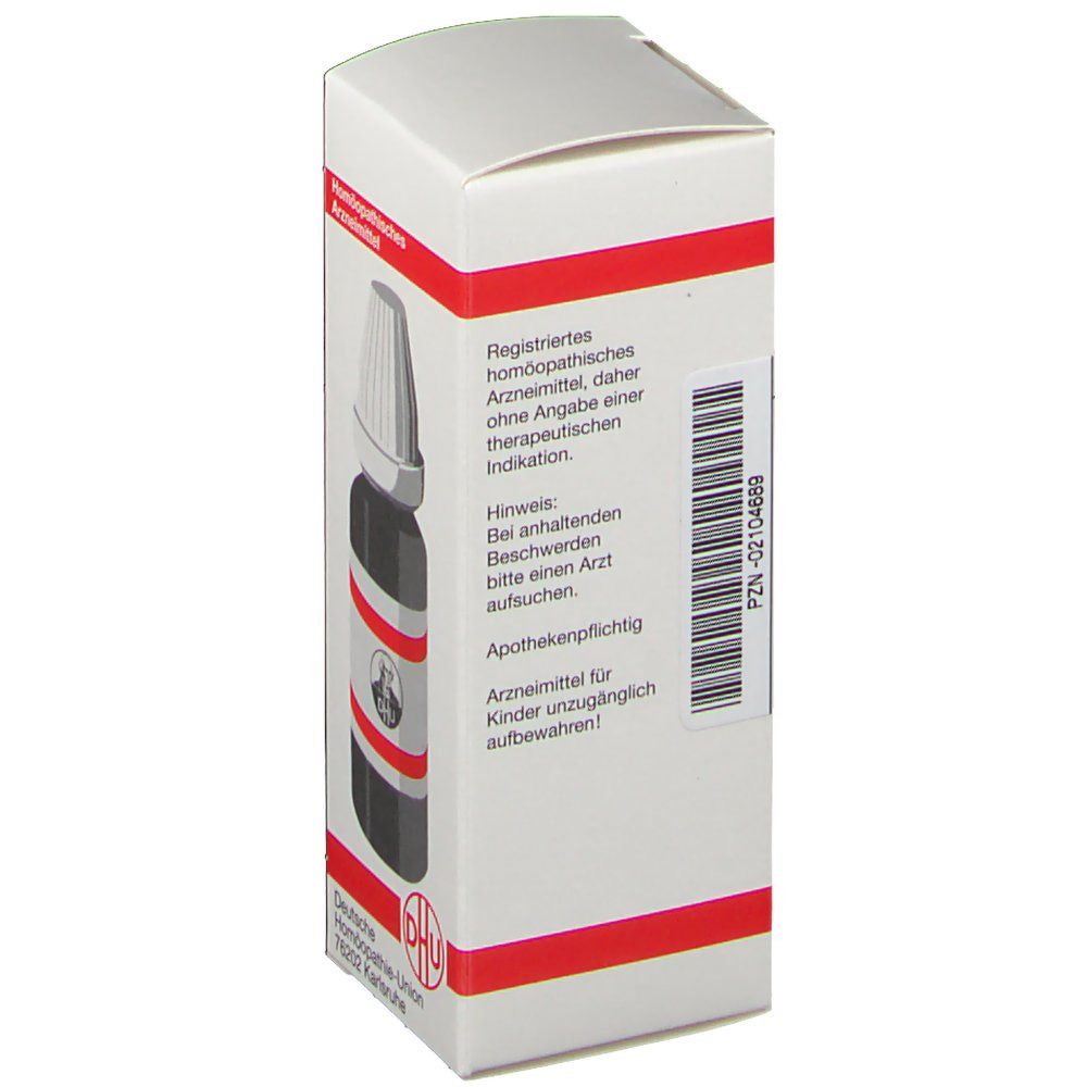 Weiße Schachtel mit roter Umrandung. Aufschrift: Homöopathisches Arzneimittel, DHU Logo. Barcode.
