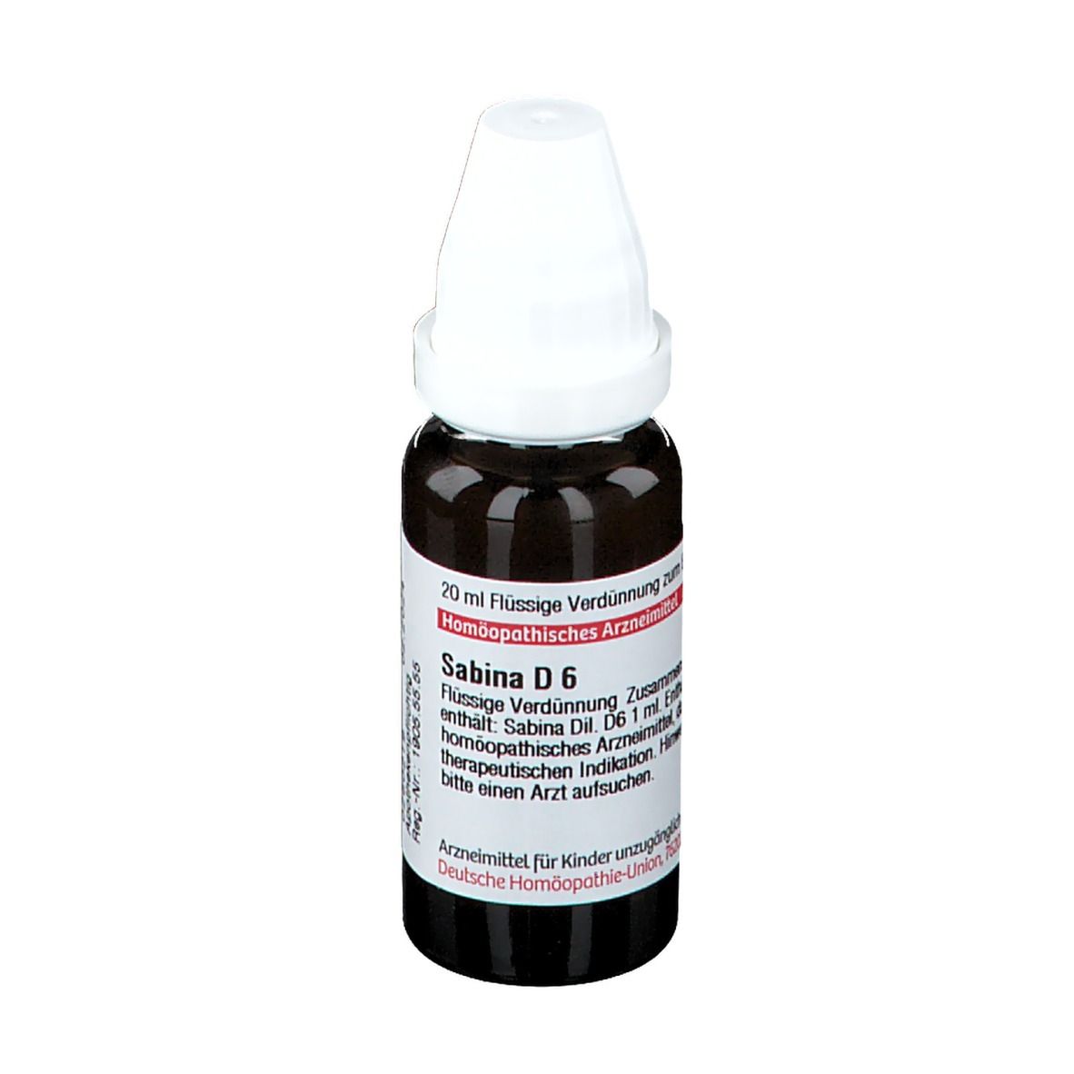 Braune Glasflasche mit weißem Verschluss. Etikett mit Produktinformationen. DHU Sabina D6.