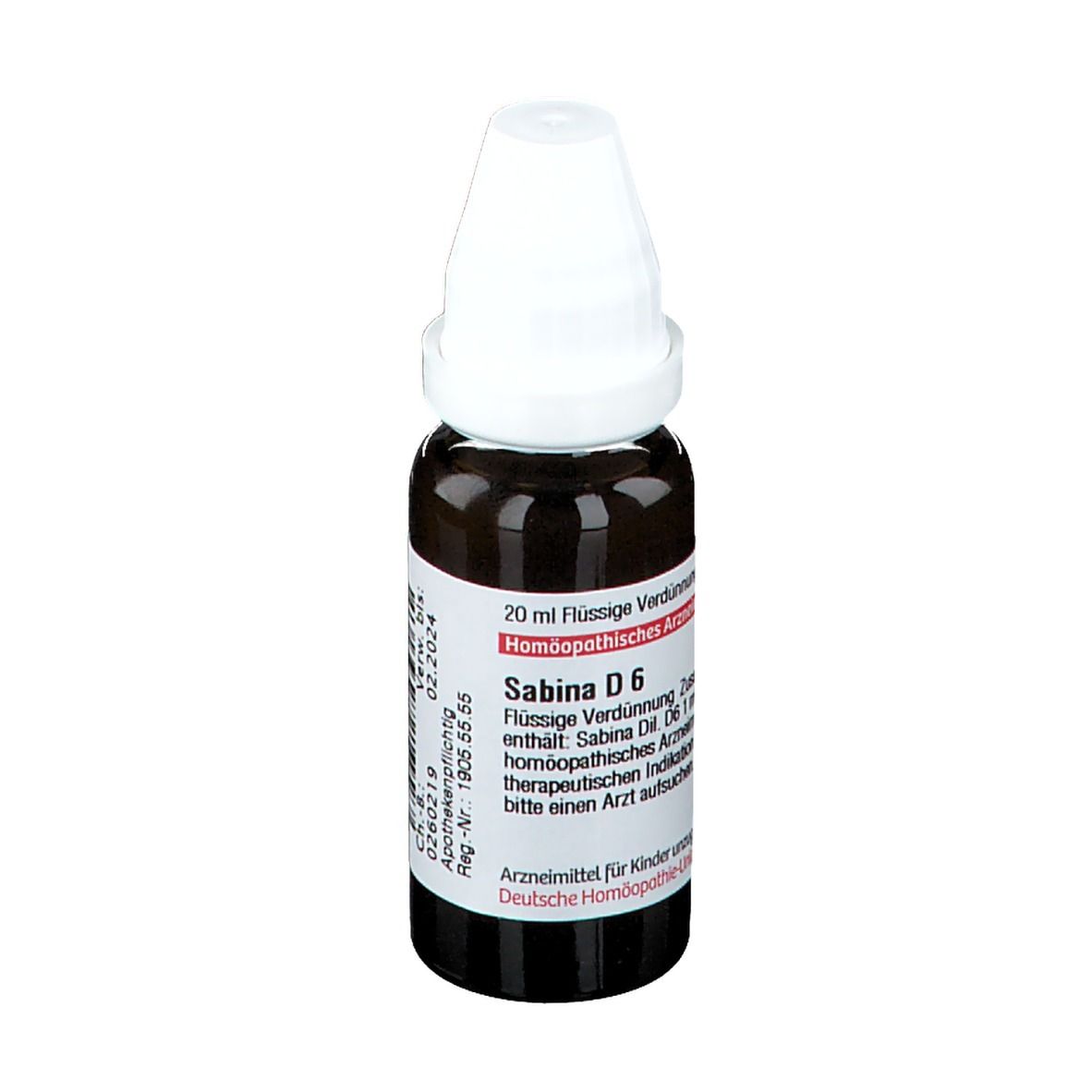 Braune Glasflasche mit weißem Verschluss. Etikett mit Produktinformationen. DHU Sabina D6.