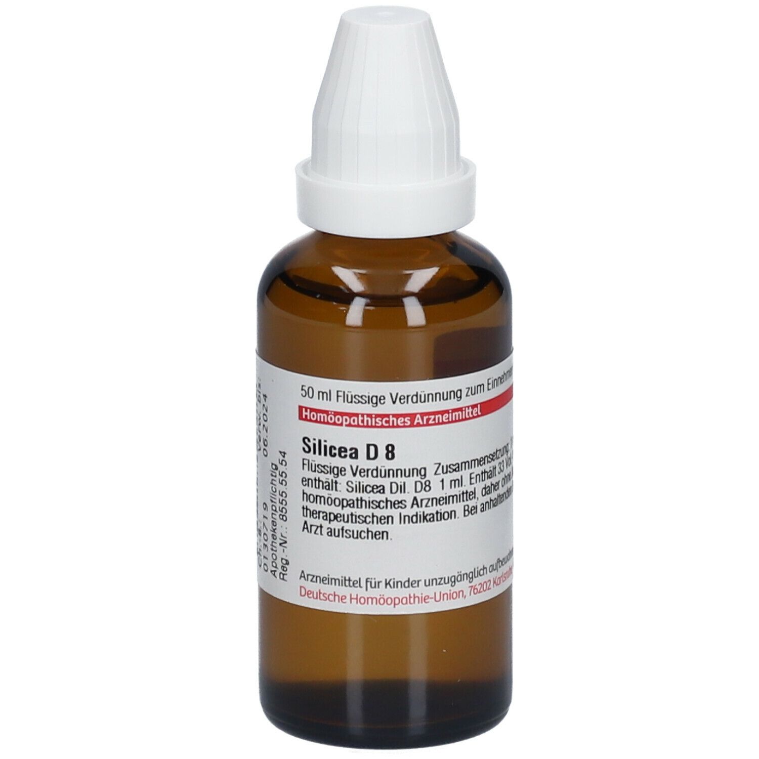 Braune Glasflasche mit weißem Verschluss. Etikett mit Produktinformationen: Silicea D 8, 50 ml. Deutsche Homöopathie-Union.