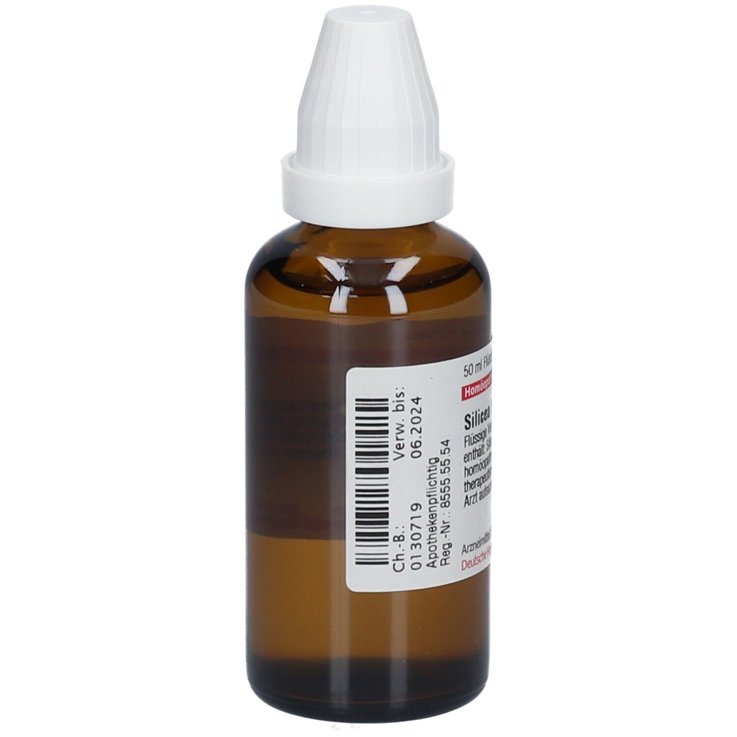 Braune Glasflasche mit weißem Verschluss. Etikett mit Produktinformationen. Apothekenpflichtig. Verwendbar bis 06.2024.