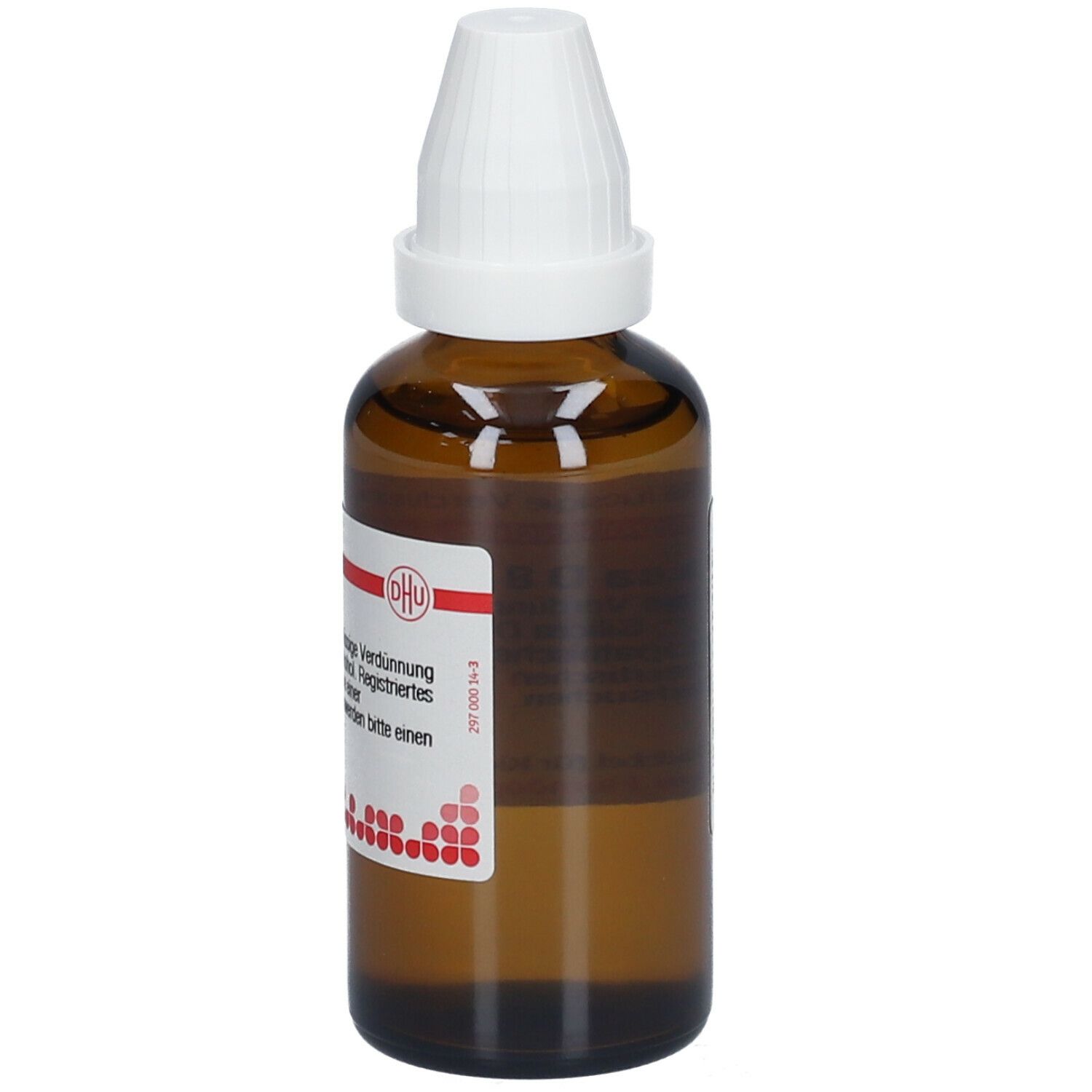 Braune Glasflasche mit weißem Verschluss. Etikett mit Produktinformationen. DHU Logo. Arzneimittel für Kinder.