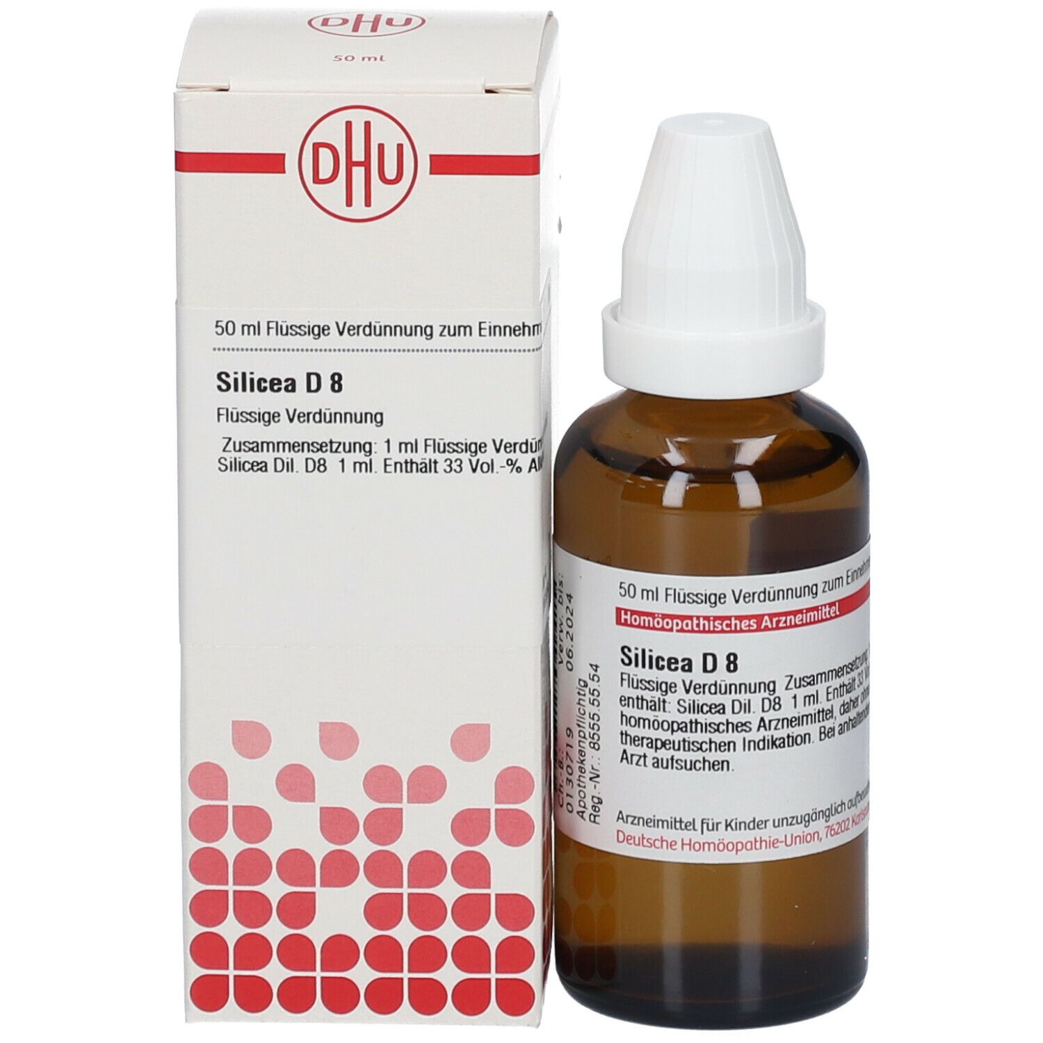 Produktverpackung und Flasche. Verpackung: weiß mit DHU Logo und Produktinformationen. Flasche: braun, weißer Verschluss.