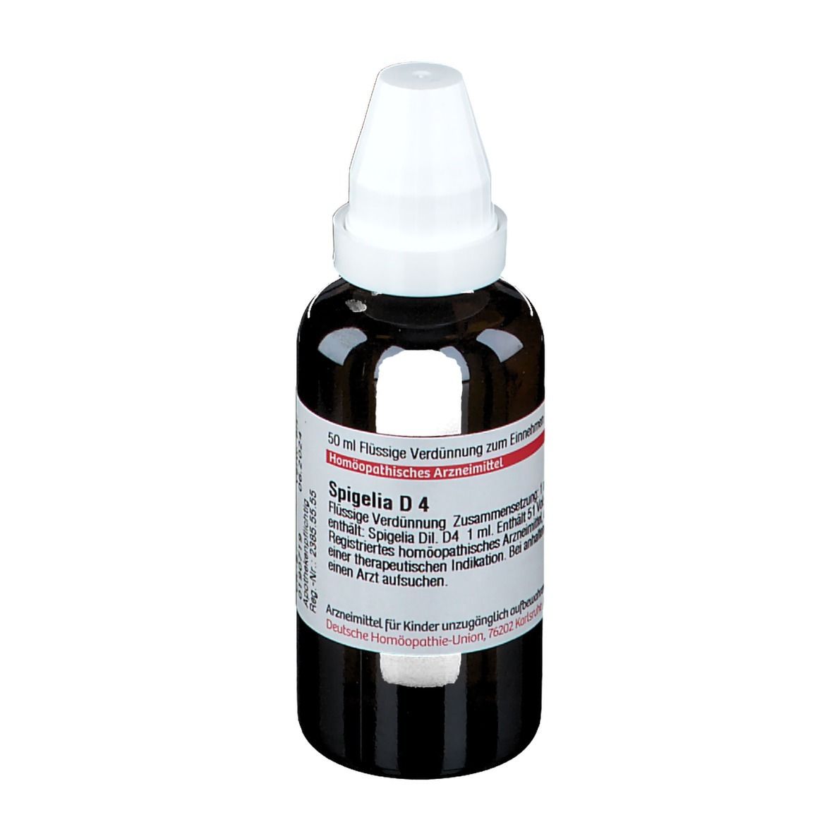 Braune Glasflasche mit weißem Verschluss. Beschriftung: Spigelia D4, 50 ml flüssige Verdünnung.