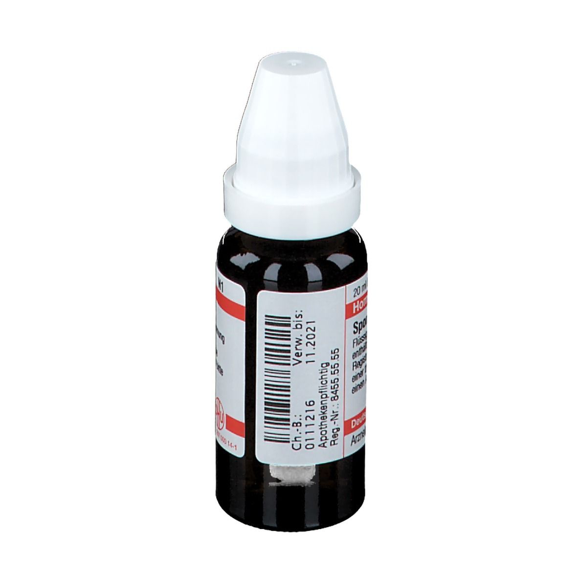 Braune Glasflasche mit weißem Verschluss. Etikett mit Chargennummer und Verfallsdatum. Aufschrift: Homöopathisches Arzneimittel.
