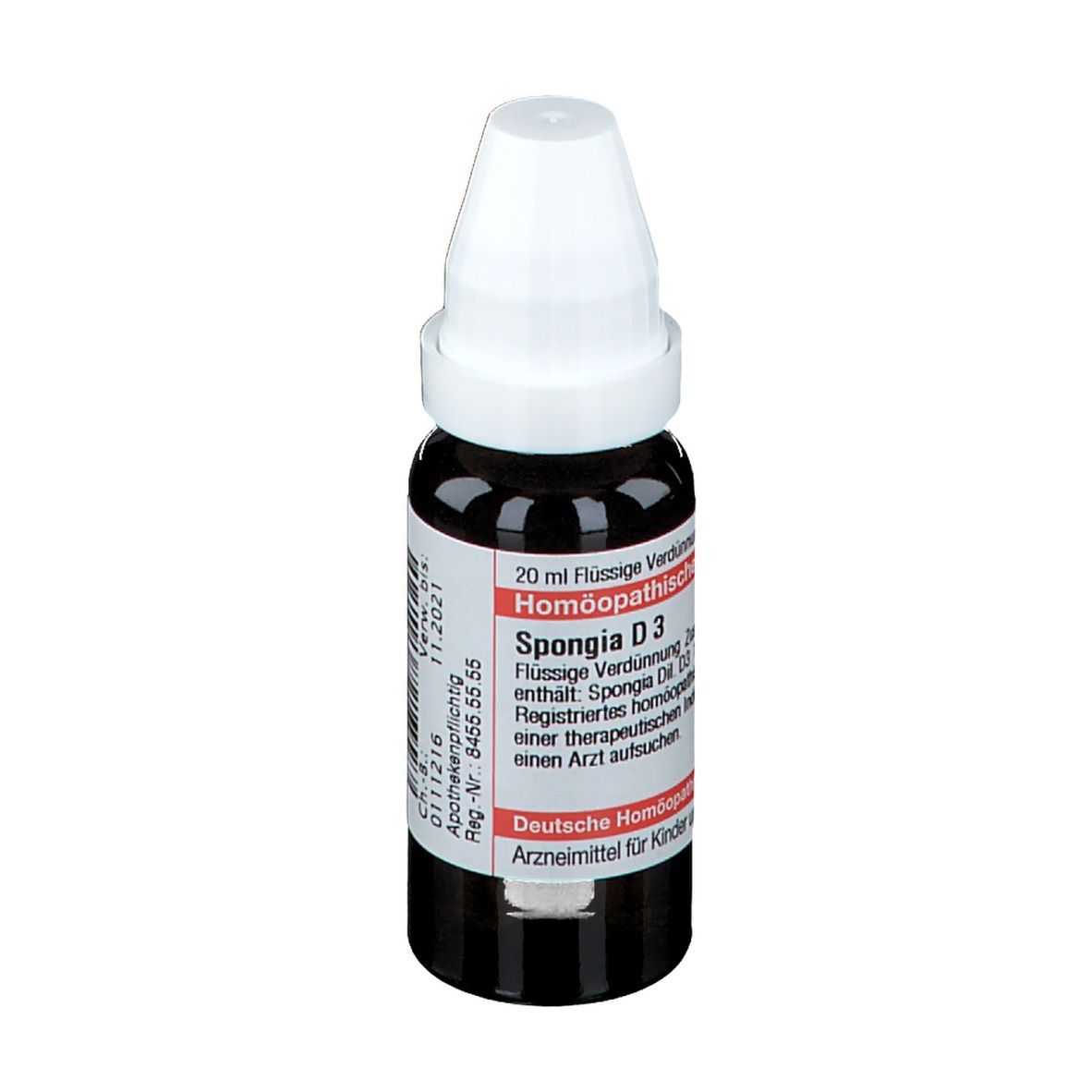 Braune Glasflasche mit weißem Verschluss. Etikett mit Produktinformationen. Aufschrift: Spongia D3, Homöopathisches Arzneimittel.