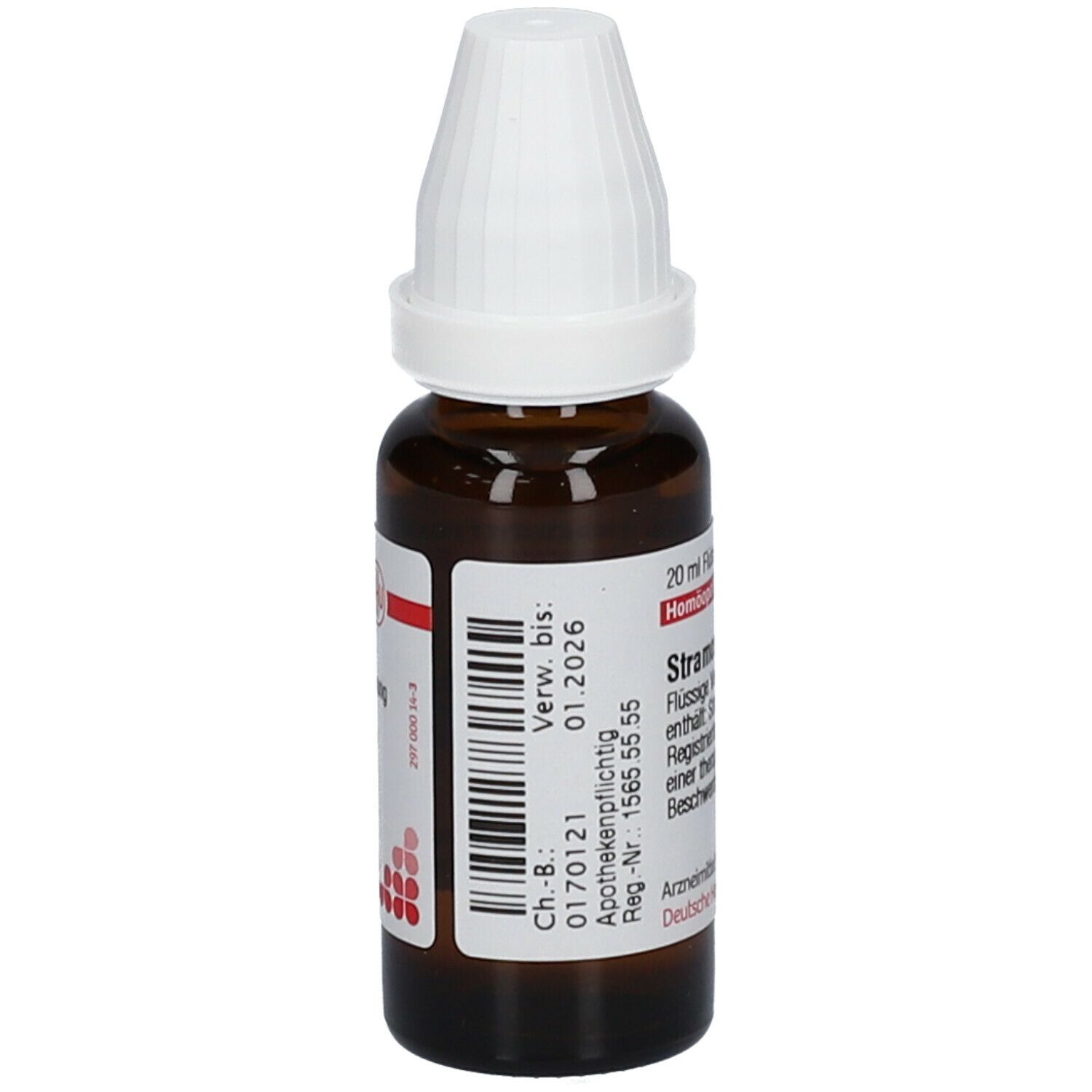 Braune Glasflasche mit weißem Verschluss. Etikett mit Text und Verfallsdatum. Stramonium D4. 20 ml.