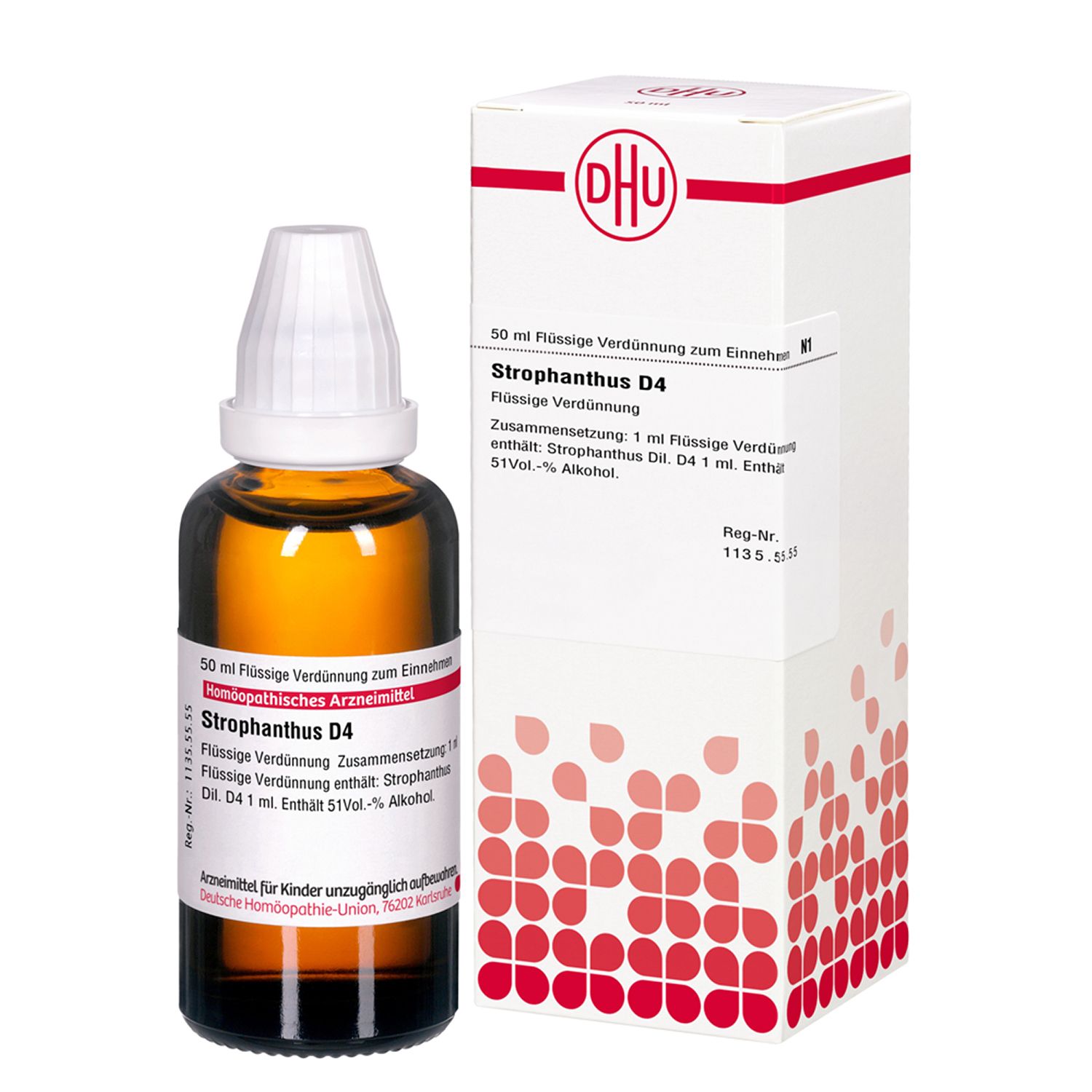 Braune Tropfflasche und Verpackung mit DHU-Logo und Produktbezeichnung Strophanthus D4. Flasche mit Tropfverschluss.