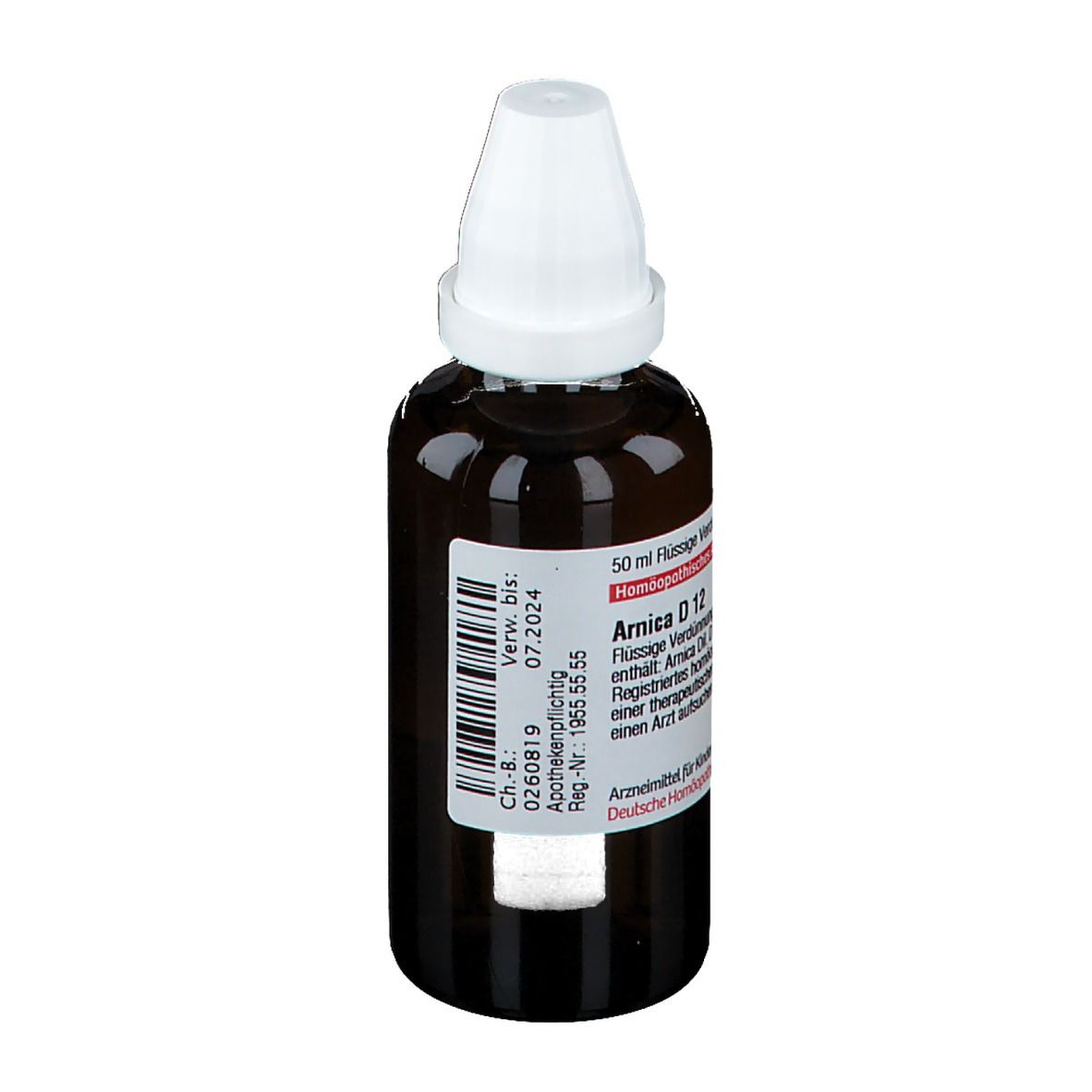 Braune Glasflasche mit weißem Verschluss. Etikett mit Produktinformationen und Verfallsdatum.