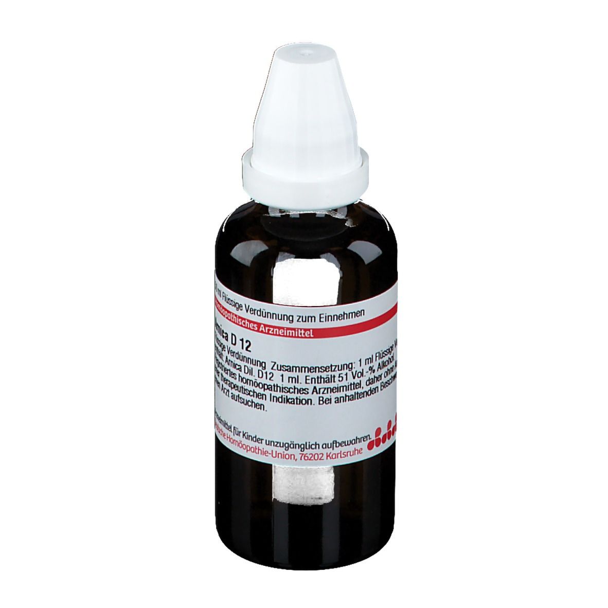 Braune Glasflasche mit weißem Verschluss. Etikett mit Produktinformationen: Arnica D12, 50 ml.