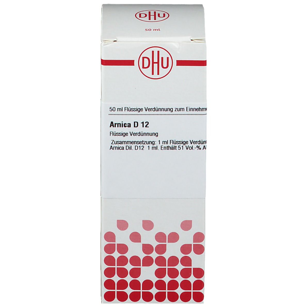 Weiße Kartonverpackung mit DHU-Logo und Produktinformationen: Arnica D12, 50 ml flüssige Verdünnung.