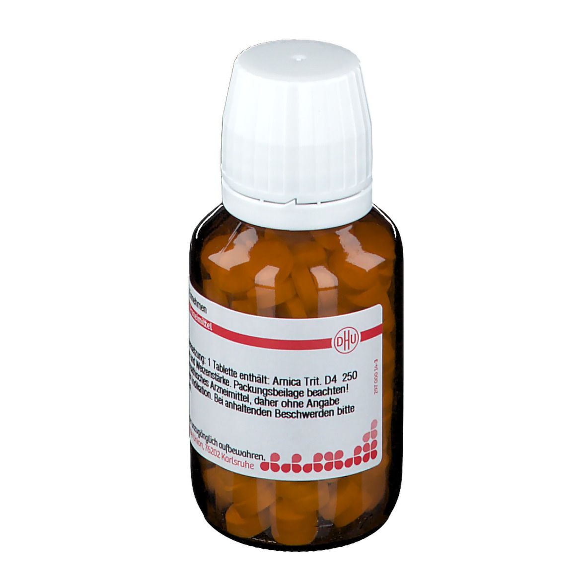 Braune Glasflasche mit weißen Deckel. Etikett mit Text: Arnica Trit. D4, 250 mg. Homöopathisches Arzneimittel.