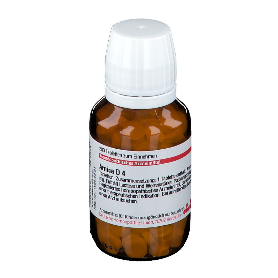 Braune Glasflasche mit weißem Deckel. Etikett mit Text: Arnica D4, 200 Tabletten. Homöopathisches Arzneimittel.