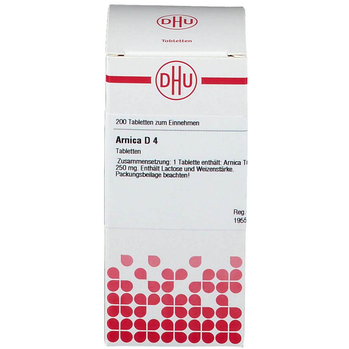 Weiße Schachtel mit Text: DHU, Arnica D4, 200 Tabletten. Homöopathisches Arzneimittel. Rote Punkte.