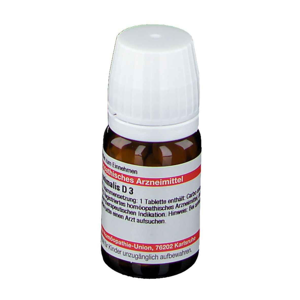 Braune Glasflasche mit weißem Deckel. Etikett mit Text: Carbo animalis D3, homöopathisches Arzneimittel.