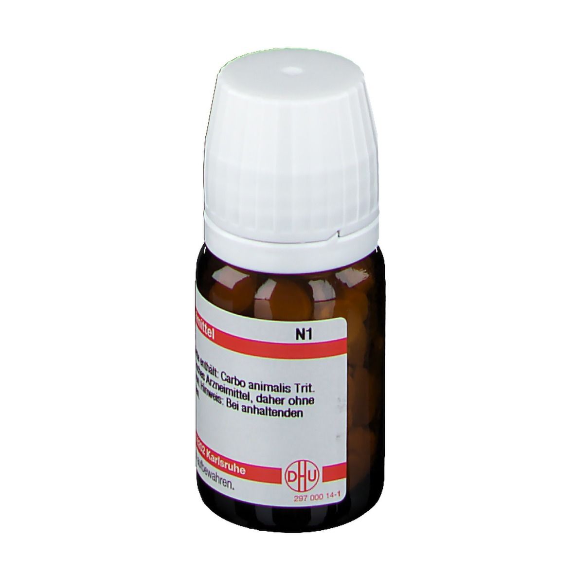 Braune Glasflasche mit weißem Deckel. Etikett mit Text: Carbo animalis Trit. N1, homöopathisches Arzneimittel.