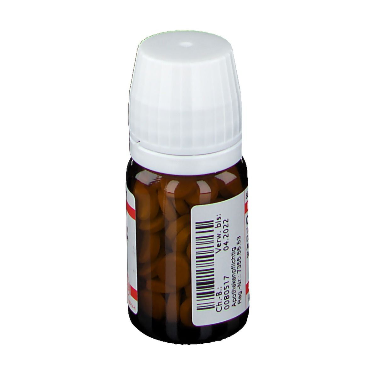 Braune Glasflasche mit weißem Deckel. Enthält Tabletten. Etikett mit Text: Carbo animalis D3, Verwendbar bis 04.2022.