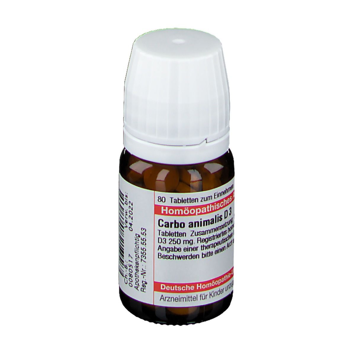 Braune Glasflasche mit weißem Deckel. Enthält Tabletten. Etikett mit Text: Carbo animalis D3, 80 Tabletten, 04.2022.