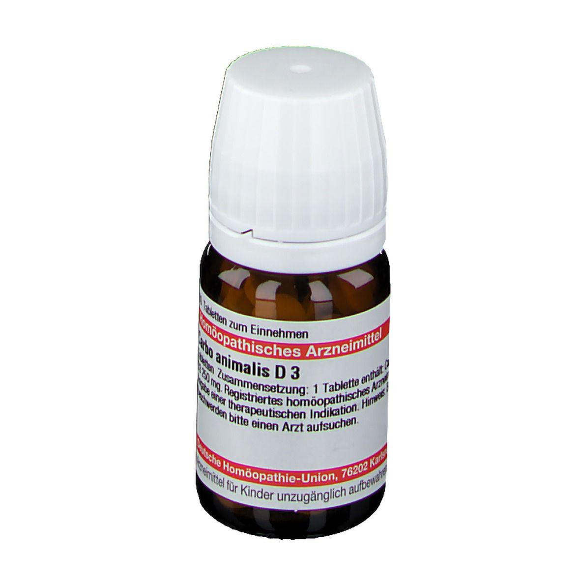 Braune Glasflasche mit weißem Deckel. Etikett mit Text: Carbo animalis D3, homöopathisches Arzneimittel.