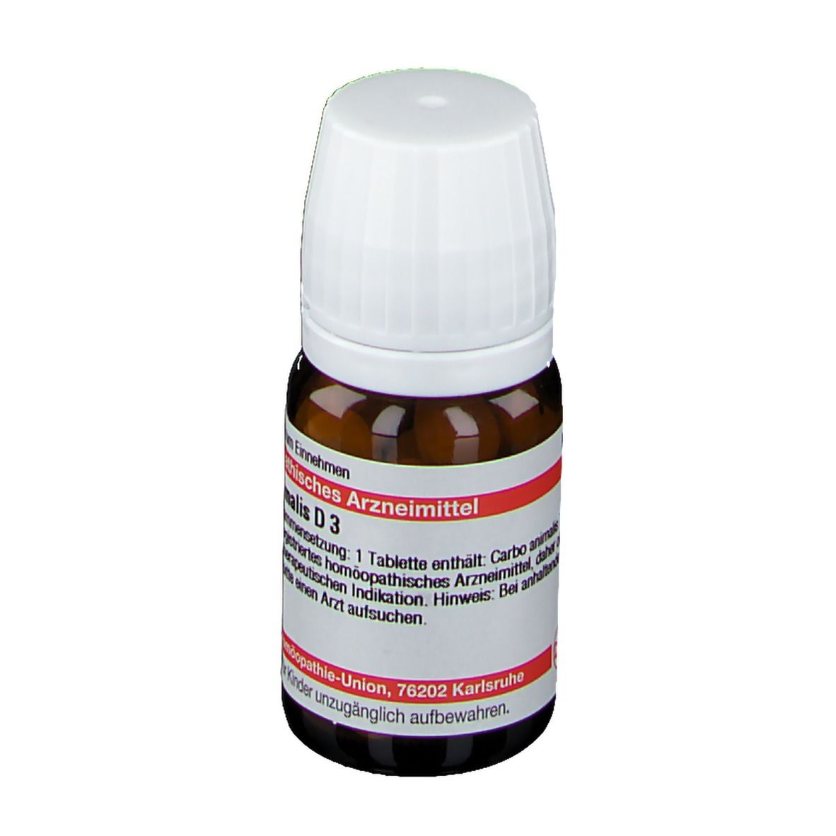 Braune Glasflasche mit weißem Deckel. Etikett mit Text: Carbo animalis D3, homöopathisches Arzneimittel.