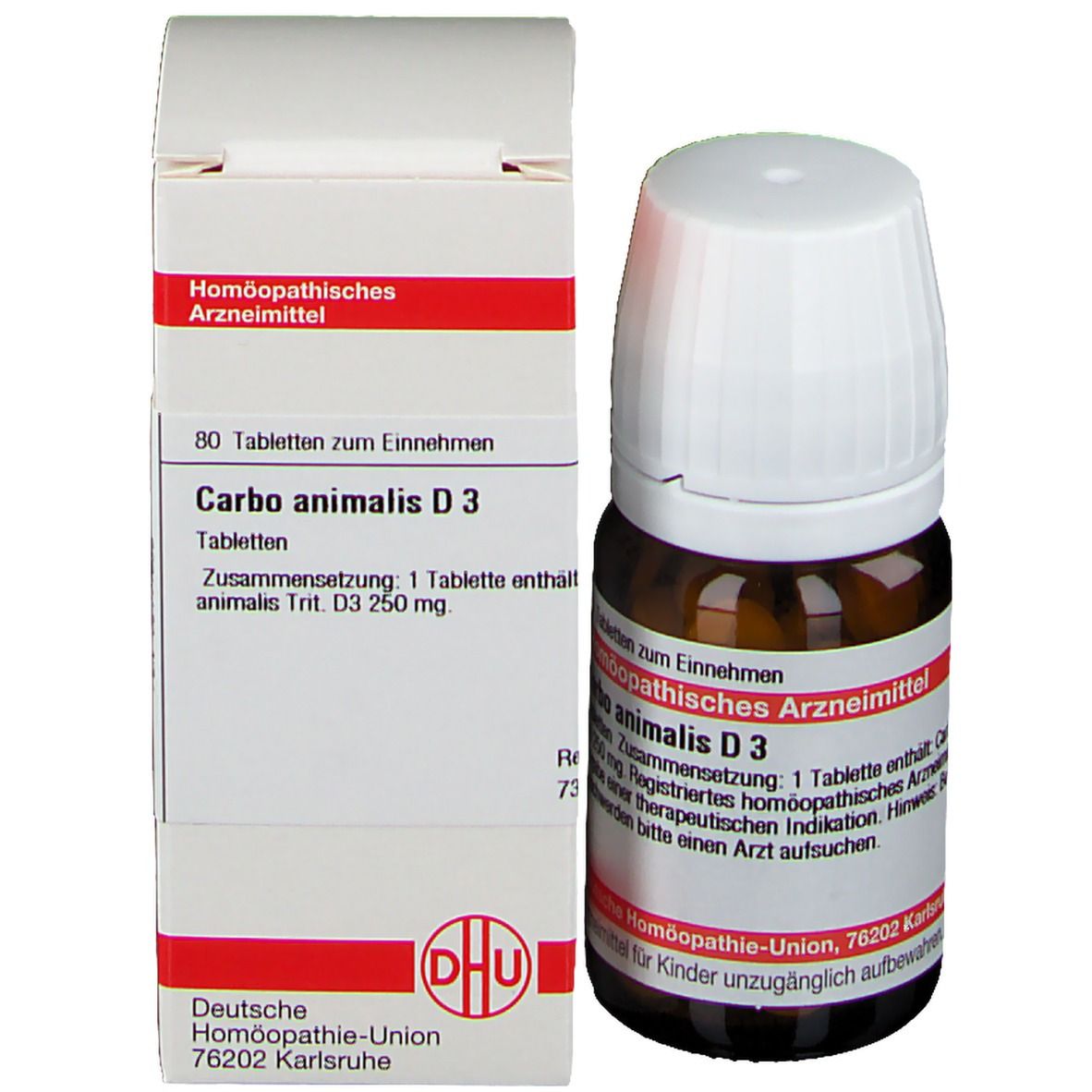 Braune Glasflasche und Schachtel. Auf der Flasche und Schachtel steht: Carbo animalis D3, homöopathisches Arzneimittel.