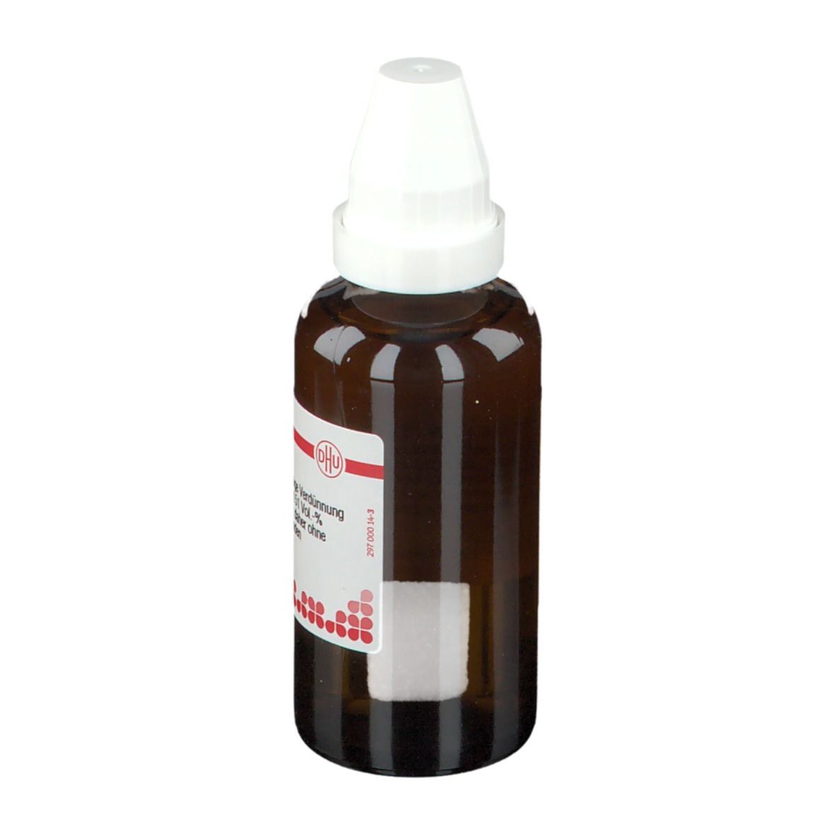 Braune Tropfflasche mit weißem Verschluss. Etikett mit rotem Muster und Text. Deutsche Homöopathie-Union.