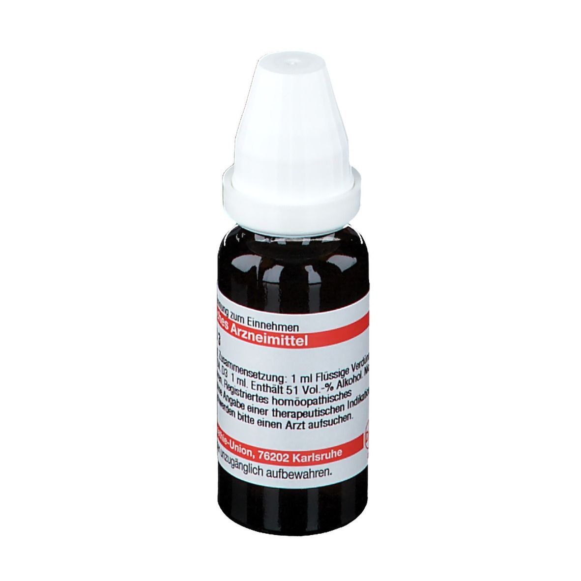 Braune Glasflasche mit weißem Verschluss. Beschriftung: Homöopathisches Arzneimittel. Deutsche Homöopathie-Union.