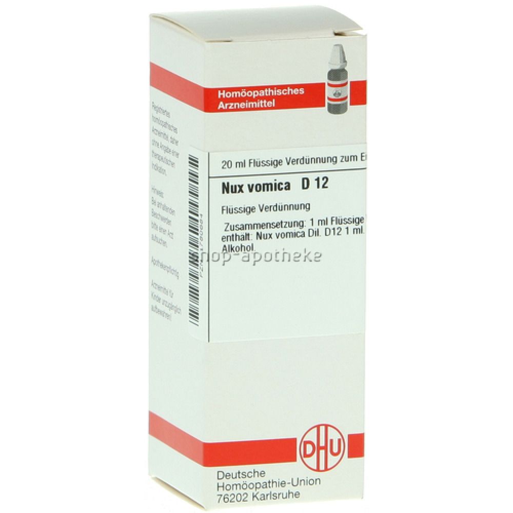 Weiße Schachtel mit roter Umrandung. Aufschrift: Nux vomica D12, homöopathisches Arzneimittel.
